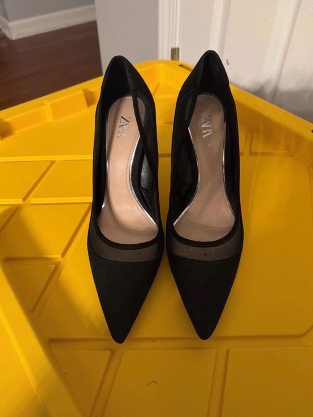 Zara Black Pointed-Toe Pumps with Sheer Mesh Panel